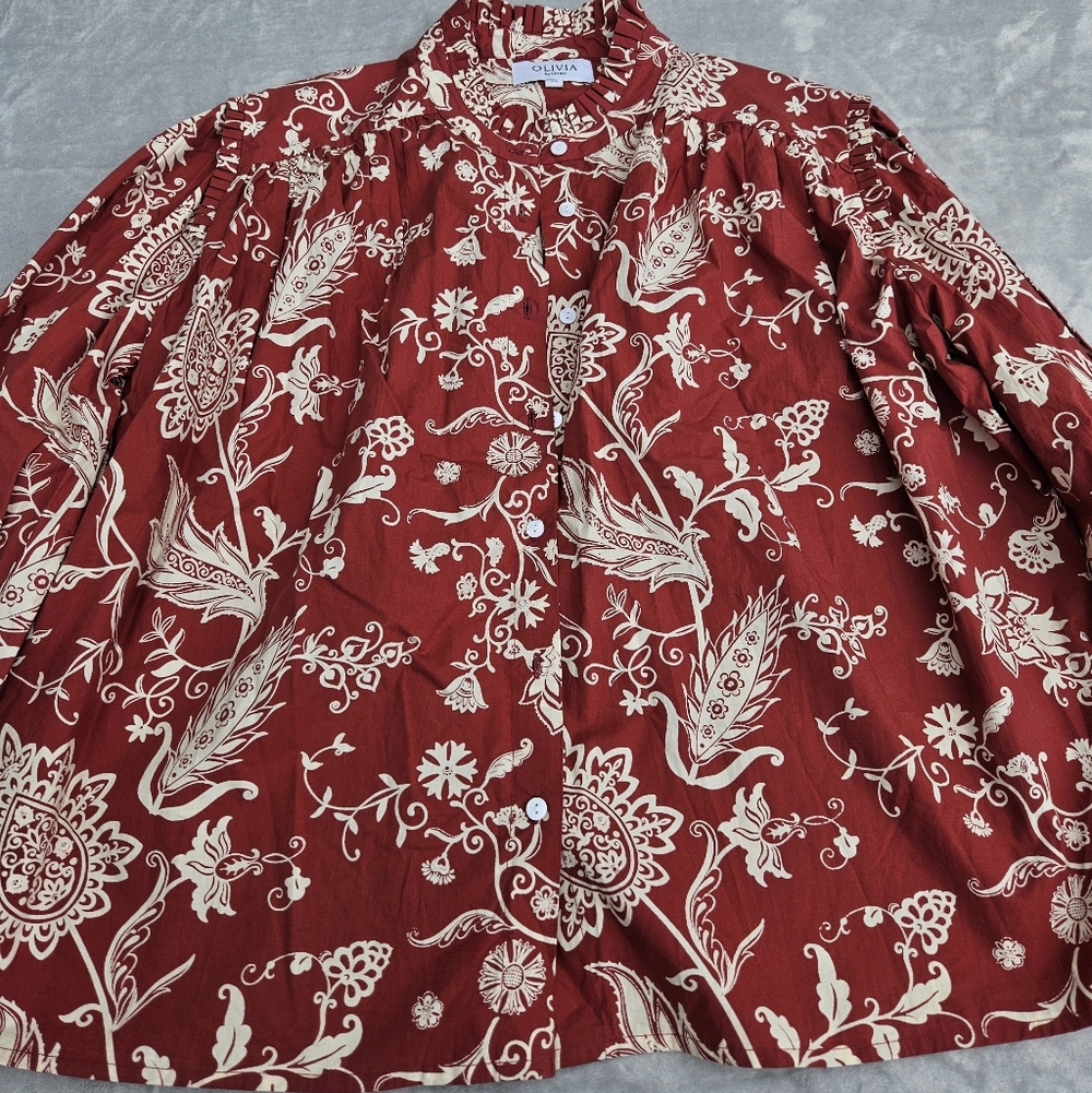 NWOT Olivia By Livro Red All Over Floral PaislyPrint High Collar Pintuck Wmns XL